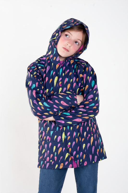 Lined Rubber Rain Jacket, Colorful Raindrops (runs large, recommend sizing down)