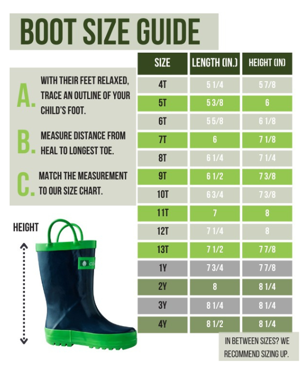Loop handle boot size guide showing foot length and boot height in inches for sizes 4T to 4Y, with foot measuring steps.