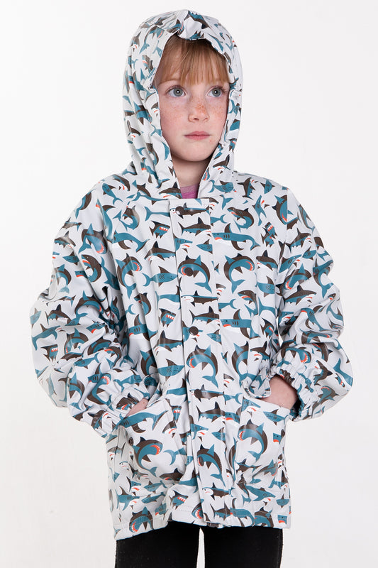 Lined Rubber Rain Jacket, Shark Frenzy (runs large, recommend sizing down)