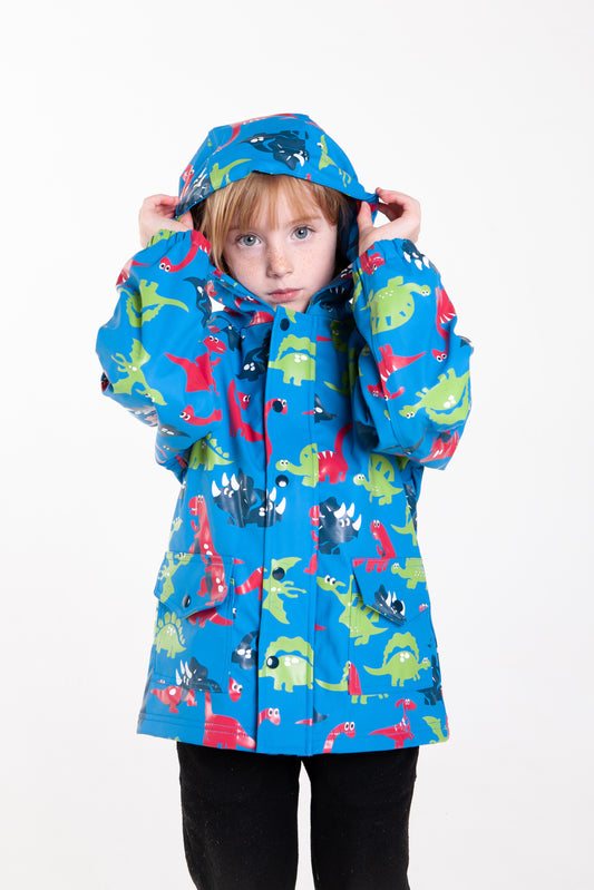 Lined Rubber Rain Jacket, Blue Dinosaurs (runs large, recommend sizing down)