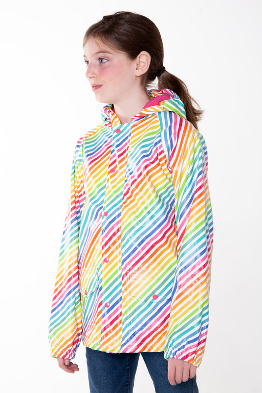 Lined Rubber Rain Jacket, Rainbow Stripe (runs large, recommend sizing down)