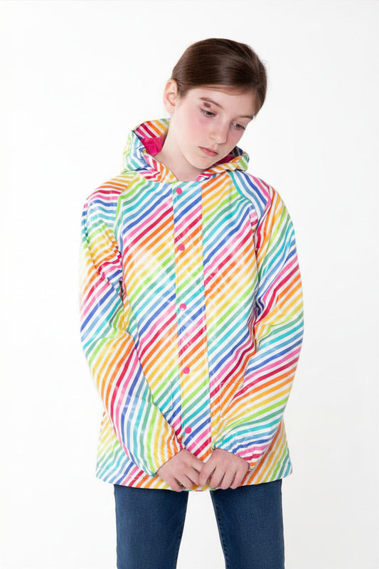 Lined Rubber Rain Jacket, Rainbow Stripe (runs large, recommend sizing down)