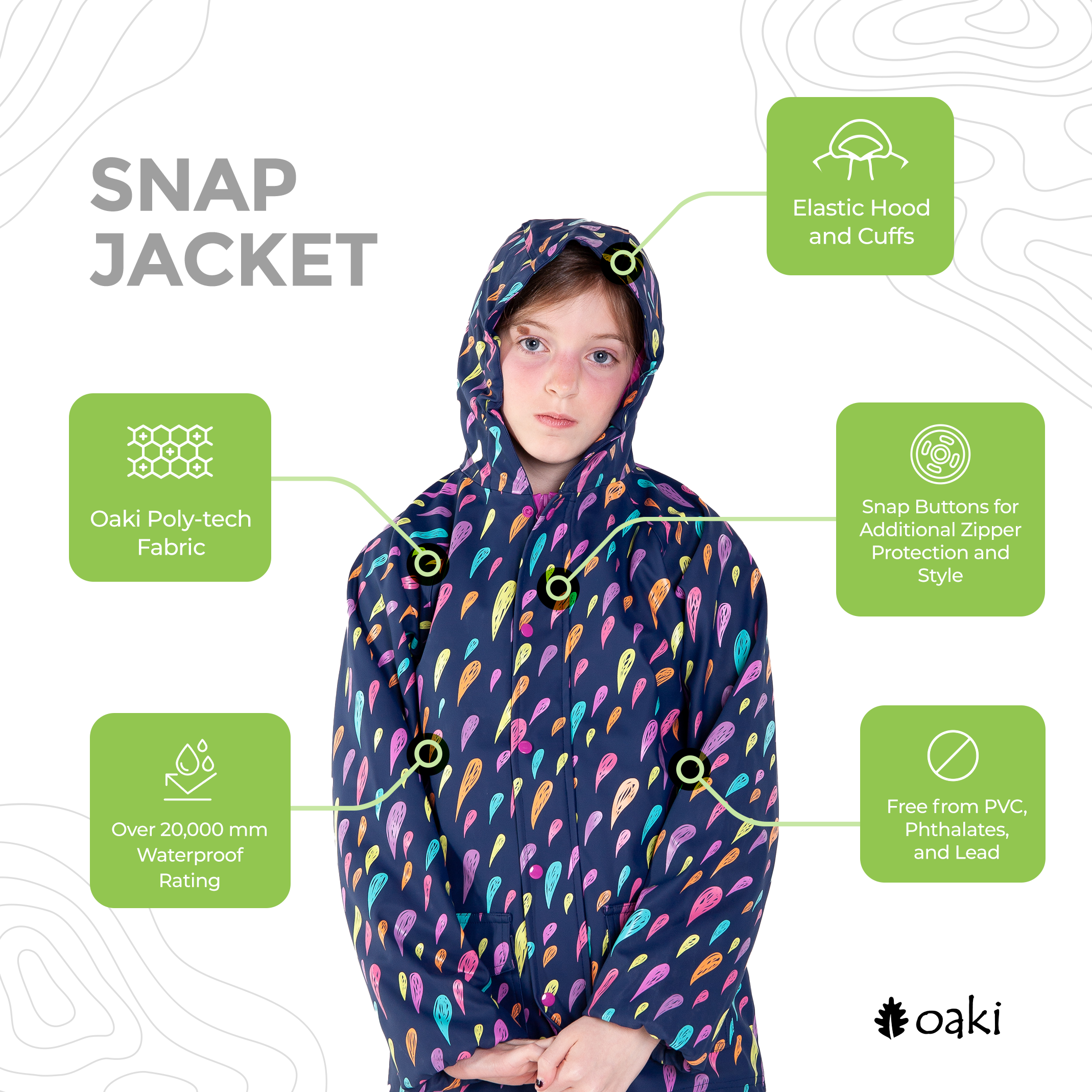 Colorful Raindrops Children s Rain Jacket w Soft Lining Easy on Snaps OAKI