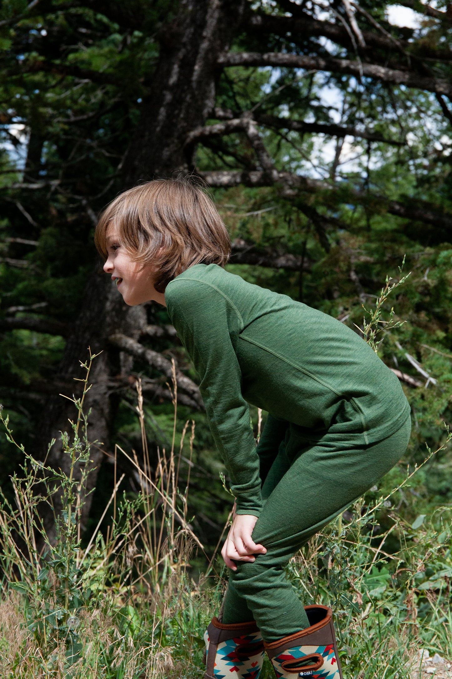 Kids' Merino Wool Base Layer, Moss Green